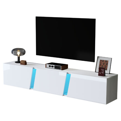 Mobile TV da Parete 180x35x30 cm, con Luci a LED e 3 Ante, per TV fino a 75 Pollici, Pannello truciolare, Bianco, per Soggiorno