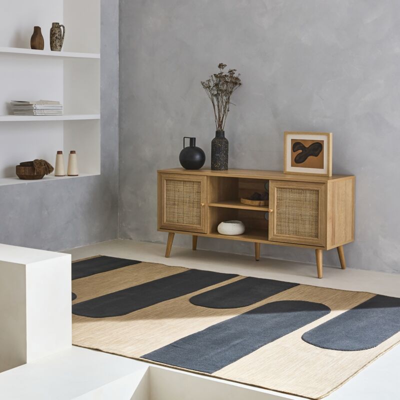 Mobile tv in cannage 120x39x56,5 cm - Bohemien - Naturale, 2 livelli, 2 ripiani, 2 ante, gambe scandinave - Naturale