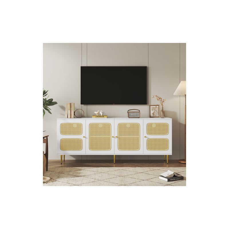 Mobile tv in Rattan Ripiani Regolabili in Altezza e Gestione dei Cavi per Televisori Fino a 80 Pollici 180x40x72CM - Bianco