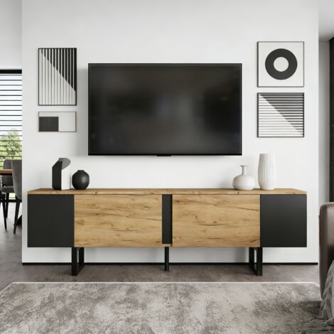 Mobile TV in truciolare legno naturale e nero 180x40x55 cm con 2 ante, ripiani aperti, per TV fino a 75"