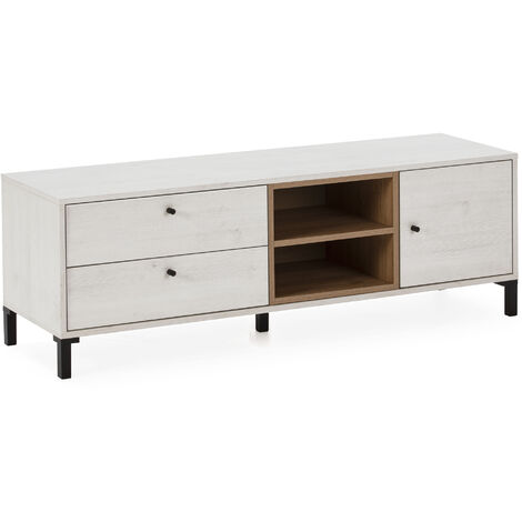Mobile TV Javea 2 cassetti e 1 Porta, Color Bianco e Legno, 136,5 cm (Larghezza) 40 cm (profonditá) 47 cm (Altezza)