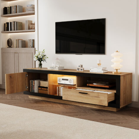 Mobile TV LED 160×40×50cm con vano portaoggetti aperto, 1 anta 1 cassetto, mobile TV basso, fino a 70 pollici, marrone