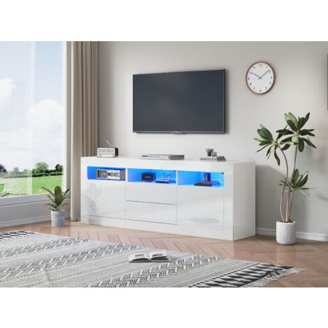 Mobile TV, LED, 3 scomparti aperti, 2 ante, 2 cassetti, controllo APP, 160x35x60cm per TV 70", bianco
