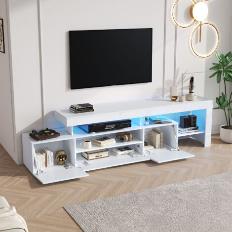 Mobile TV LED MODFU, bianco lucido, per TV da 85 pollici, 2 ante a soffietto, mobile per soggiorno, 192×37×53 cm