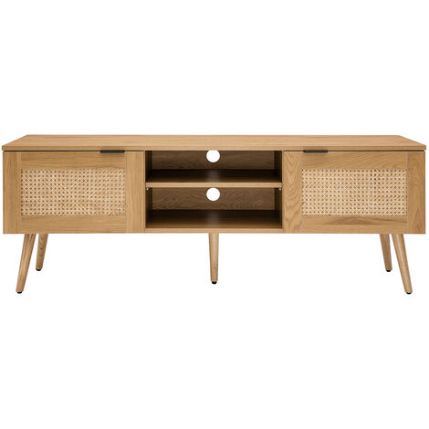 Mobile TV legno chiaro, motivo a intreccio rattan e metallo nero 2 ante L140 cm MANILLE