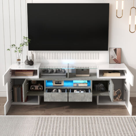 Mobile TV, lucido, 145x30x51cm, illuminazione LED, 2 cassetti, spazio di archiviazione multiplo, dimensioni massime dello schermo 50-59 pollici, bianco + grigio