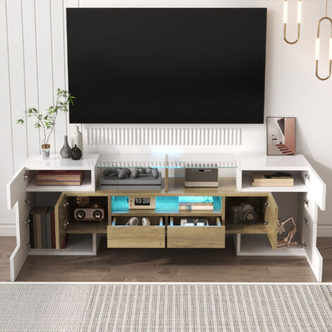 Mobile TV, lucido, 145x30x51cm, illuminazione LED, 2 cassetti, spazio di archiviazione multiplo, dimensioni massime dello schermo 50-59 pollici, bianco + naturale