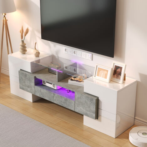 Mobile TV lucido da 145 cm con illuminazione a LED, schermo in vetro temperato, pannello in truciolare, bianco e grigio cemento