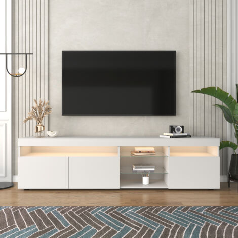 Mobile TV moderno 180 x 35 x 45 cm con 3 ante e striscia LED colorata, MDF, Bianco