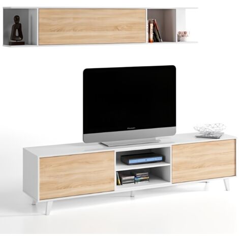 Mobile TV Moderno Bianco Rovere Parete Attrezzata Soggiorno Pensile Sospeso Ante