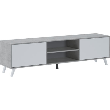 Mobile TV Moderno Con 2 Ante Battenti Ripiani Centrali Aperti Gambe Design Scandinavo Per Televisori fino a 75” 180 x 39,6 x 49 Cm Grigio Cemento E Bianco