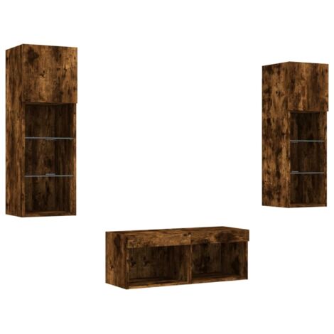 Mobile TV multimediale scaffale TV credenza TV sala da pranzo soggiorno camera da letto montaggio a parete x 4 pezzi con luci LED rovere affumicato marrone 020028220