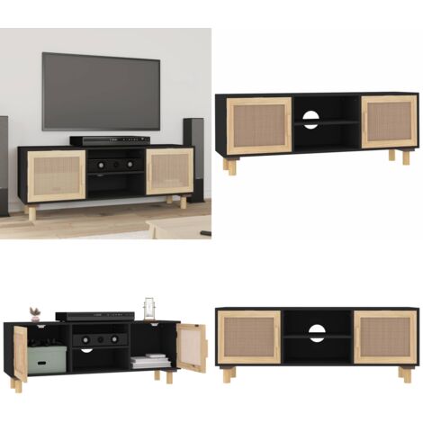 Mobile TV Nero 105x30x40 cm Massello Pino e Rattan Naturale - TV mobile - Mobile con TV