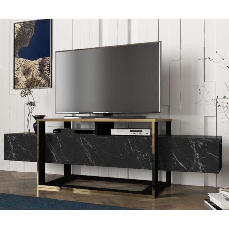 Mobile TV nero e oro, design elegante con ampio spazio di archiviazione, 160x49,8x46,1 cm, per soggiorno di lusso o ufficio