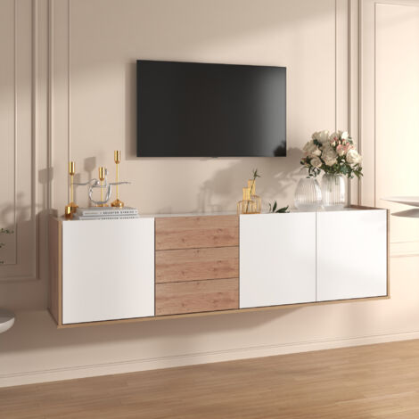 Mobile TV, pannello basso nei colori bianco e legno, mobile TV che può essere appeso al muro o appoggiato a terra
