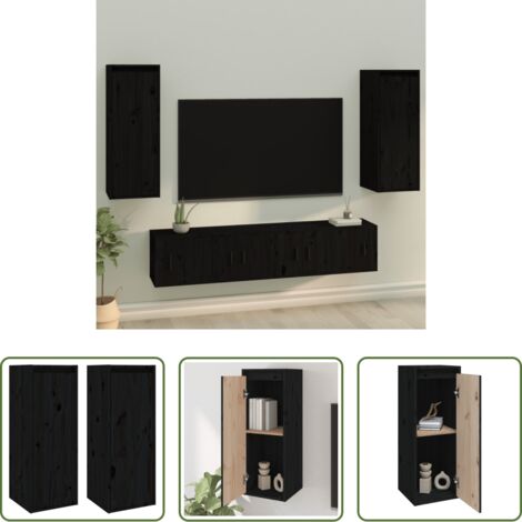 Mobile TV -  Pensili 2 pz Neri 30x30x80 cm in Legno Massello di Pino