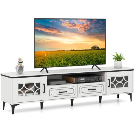 Mobile TV per TV fino a 80", 180,5 x 35 x 46 cm con 2 cassetti, 2 armadietti e scomparto, 7 gambe rialzate in metallo, per soggiorno, bianco
