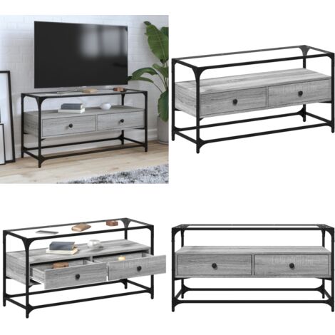 Mobile TV Piano Vetro Grigio Sonoma 98x35x51 Legno Multistrato - Armadio TV - Mobile TV