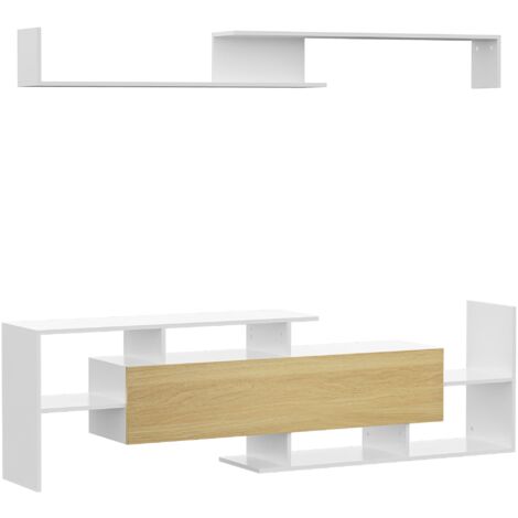 Mobile TV Ripiani e Armadietto a Ribalta con Mensola a Muro 153,6x25x42 cm Bianco e Legno Naturale