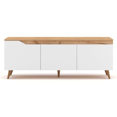 CALICOSY Mobile TV scandinavo a 3 ante L140 cm - Effetto legno chiaro e bianco