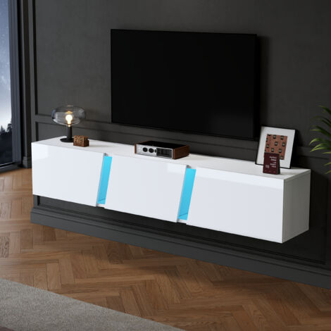 Mobile TV sospeso in truciolare bianco lucido 180x35x30 cm con LED APP, 3 ante a ribalta e dettagli in acrilico blu