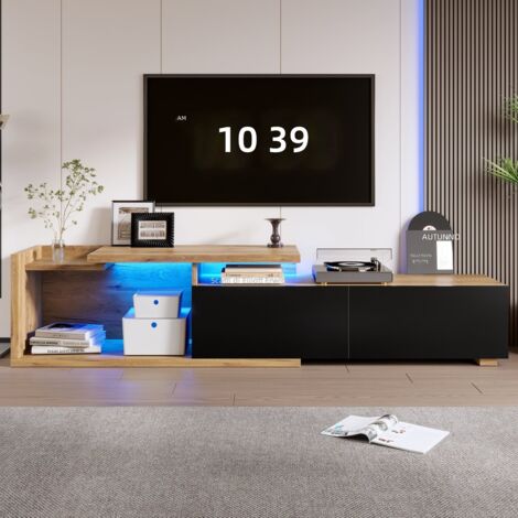 Mobile TV Stand 2-in-1 con illuminazione LED, modulabile, estensibile da 133.5 a 200 cm, larghezza 40 cm, colore naturale, in legno massello