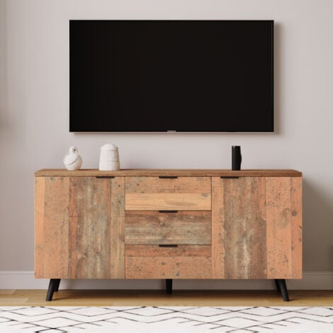 Mobile TV vintage marrone con ripiani regolabili, cassettiera con 3 cassetti, mobiletto portaoggetti per soggiorno, 140 L x 35 P x 70 A cm