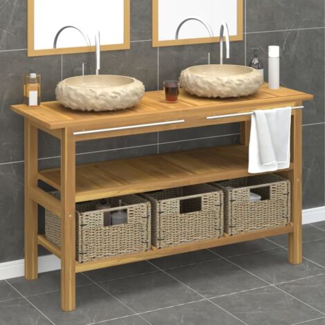 Mobile Vanità Bagno e Lavandini Marmo Crema Legno Massello Teak vidaXL