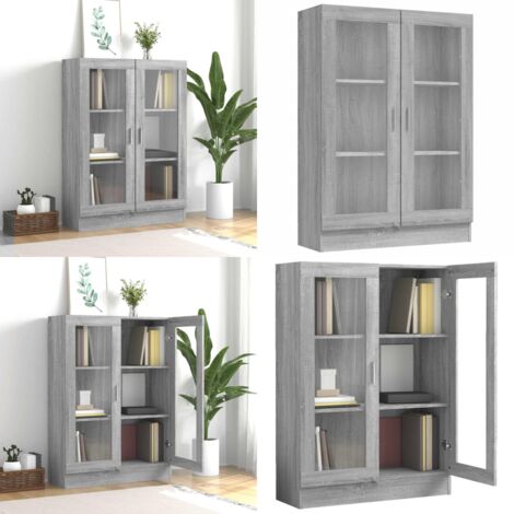 Mobile Vetrina Grigio Sonoma 82,5x30,5x115 cm Legno Multistrato - Libreria in legno multistrato - Mobile con ante in vetro
