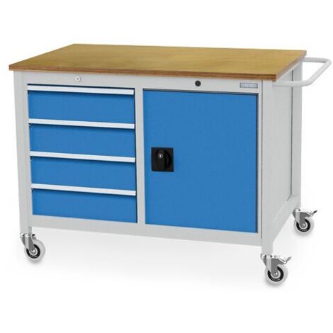 Mobile Werkbank Tiefe 736 mm, R 18-24, 4 x Schublade, 1 x Flügeltüre mit 1 x Fachboden Maße in mm (BxTxH): 1250 x 750 x 935