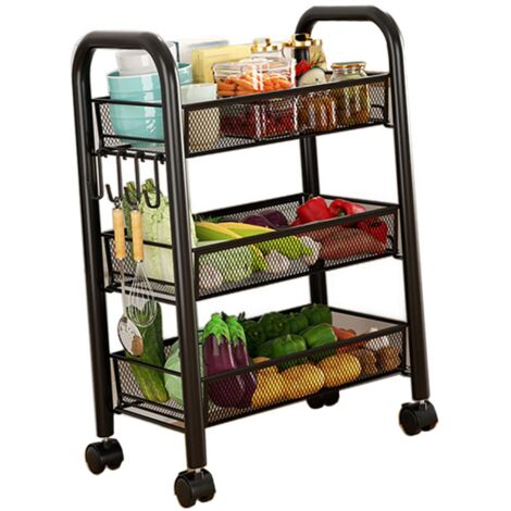 Mobiler Aufbewahrungswagen [Apron 3] aus schwarzem Metall, multifunktionale Ablageflächen für Küche und Snacks