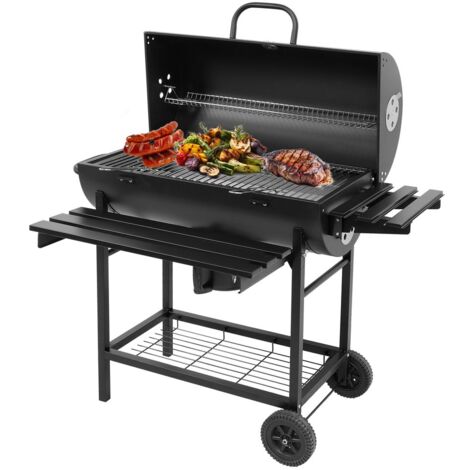 Mobiler Holzkohlegrill mit Warmhalterost Deckel Klappablagen & Thermometer Aschebehälter BBQ Grill für Garten & Terrasse