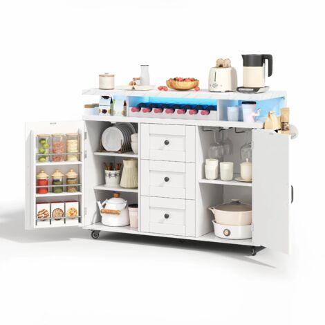 Mobiler Kücheninsel mit klappbarer Arbeitsplatte, Küchenwagen, 5 Rädern, Türregal, Weingestell und Glashalter, 120 42(60)93 cm,weiß