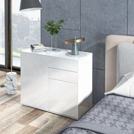 Mobiletto 2 Cassetti e 2 Ante, Apertura a Pressione, Mobile con 2 Cassetti e 2 Ante per Casa e Ufficio, 79x36x74cm, Bianco Lucido