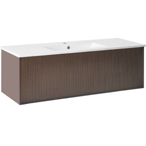 Mobiletto a muro con lavabo in legno massiccio per il bagno 120 cm Marrone Madidi