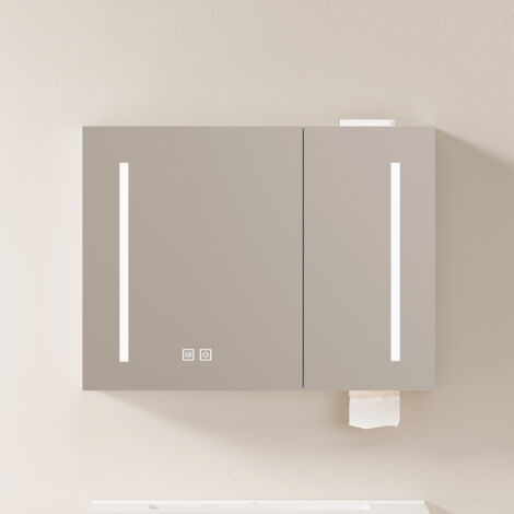 Mobiletto a parete con specchio a LED da 80 cm con vani portaoggetti, ideale per bagno, soggiorno o camera da letto, in MDF bianco e vetro.