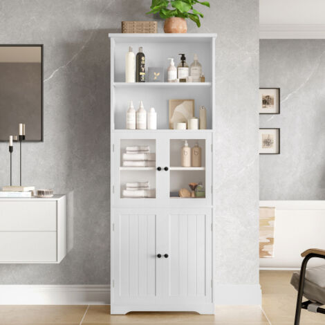 Mobiletto alto da bagno con contenitore, anta in vetro, 2 ripiani aperti e divisori regolabili, bianco, 57,4x28,5x160 cm