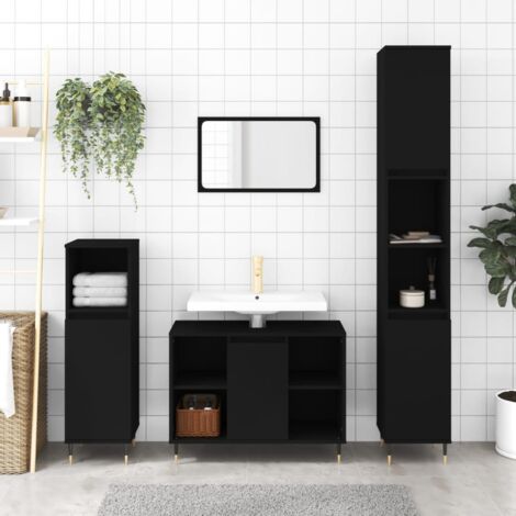 Mobiletto Armadietto da Bagno,Contenitore Nero 30x30x100 cm in Legno Multistrato -87661