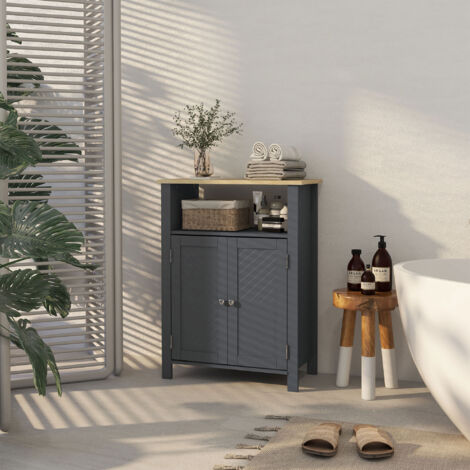 Mobiletto Bagno a 3 Ripiani in MDF e Truciolato con Ripiano Interno Regolabile e 2 Ante, 60x30x80.5 cm, Grigio e Color Legno