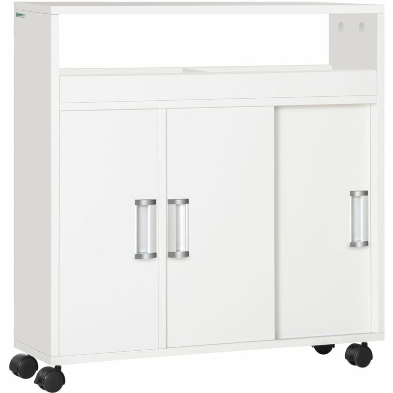 Mobiletto Bagno con Porte Scorrevoli 70x20x71 cm Ripiano Regolabile con Ruote Bianco