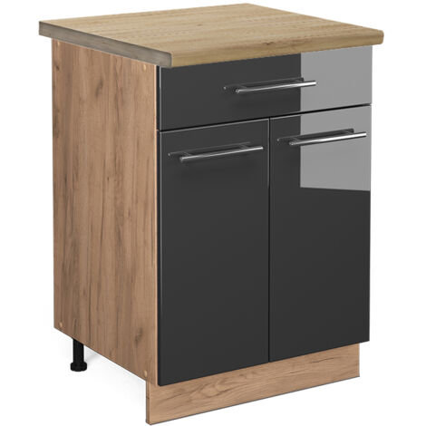 Mobiletto base per cucina Fame-Line, Antracite lucido, 60 cm con cassetto, PL Rovere, Vicco