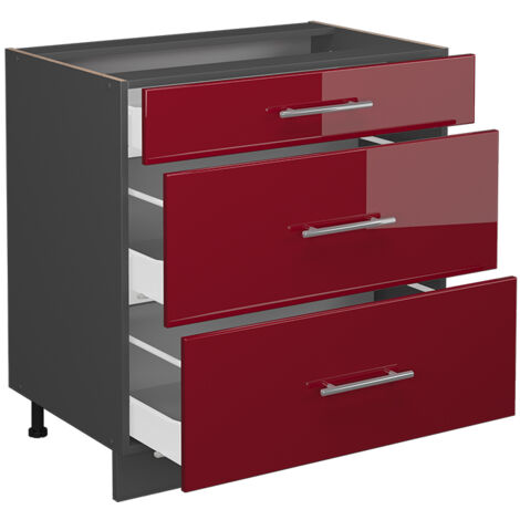 Mobiletto base per cucina Fame-Line, Bordeaux lucido, 80 cm con 3 cassetti, senza piano di lavoro, Vicco