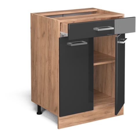 Mobiletto base per cucina R-Line, Antracite lucido, 60 cm con cassetto, senza piano di lavoro, Vicco