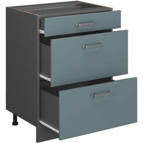 Mobiletto base per cucina R-Line, Grigio-blu, 60 cm con cassetti, senza piano di lavoro, Vicco