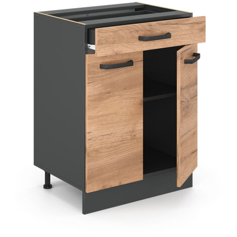 Mobiletto base per cucina R-Line, Quercia dorata, 60 cm con cassetto, senza piano di lavoro, Vicco