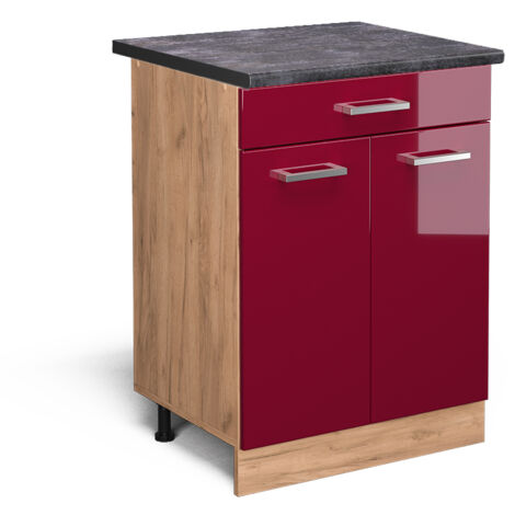 Mobiletto base per cucina R-Line, Rosso bordeaux lucido, 60 cm con cassetto, PL Antracite, Vicco