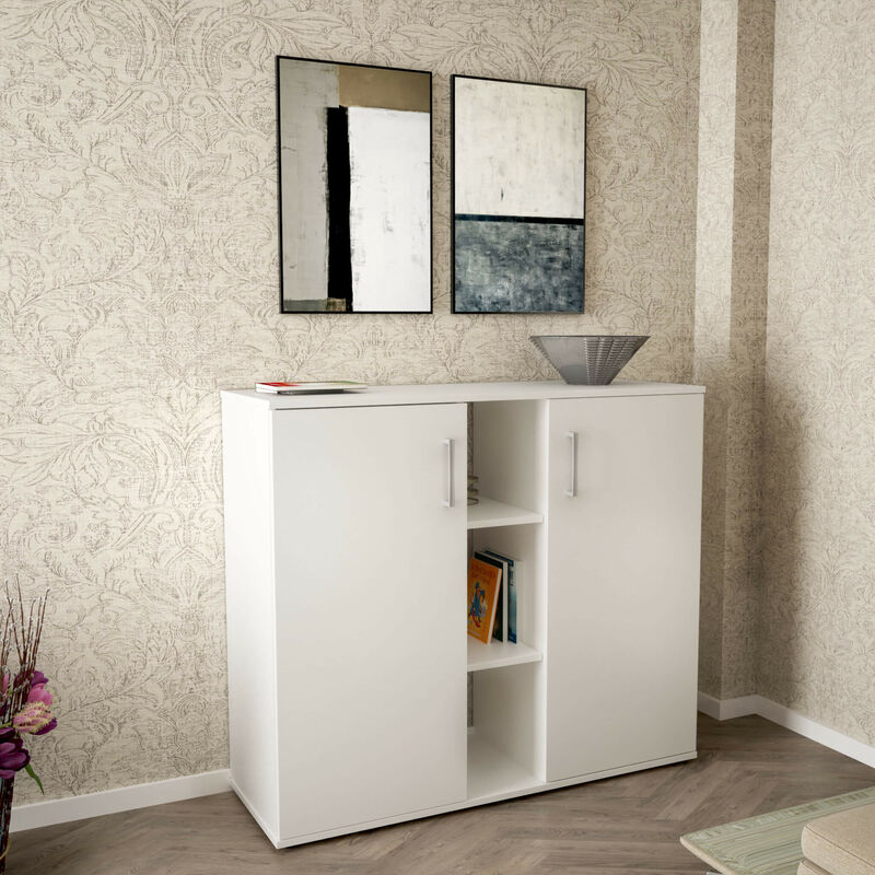 Mobiletto credenza da interno ingresso salotto in legno con 2 ante e 12 ripiani Linea Classic - Bianco