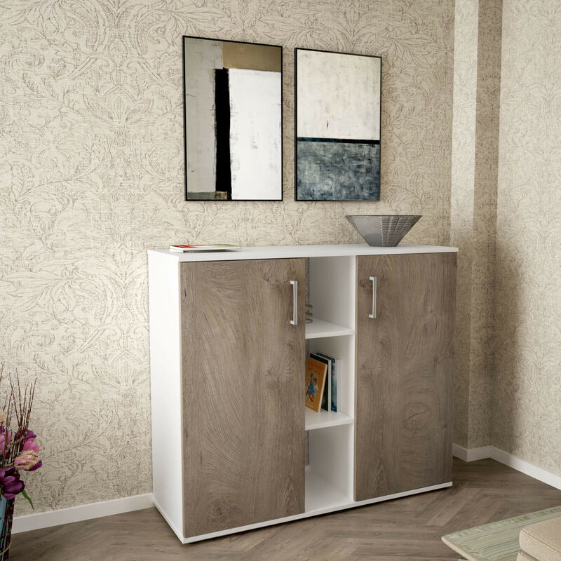 Mobiletto credenza da interno ingresso salotto in legno con 2 ante e 12 ripiani Linea Classic - Bianco e marrone