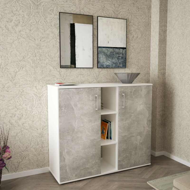 Homeness - Mobiletto credenza da interno ingresso salotto in legno con 2 ante e 12 ripiani Linea Classic - Bianco e grigio chiaro