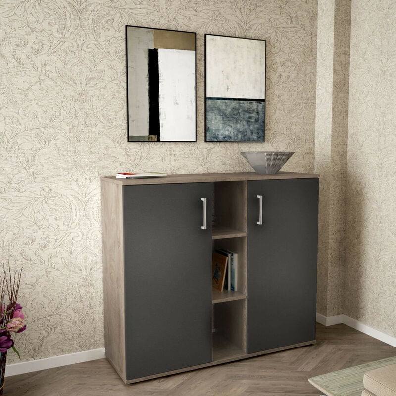 Homeness - Mobiletto credenza da interno ingresso salotto in legno con 2 ante e 12 ripiani Linea Classic - Rovere grigio e antracite